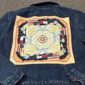 Tommy Hilfiger Jean Jacket Womens Size Small S Blue Denim Flags Anchors Nautical